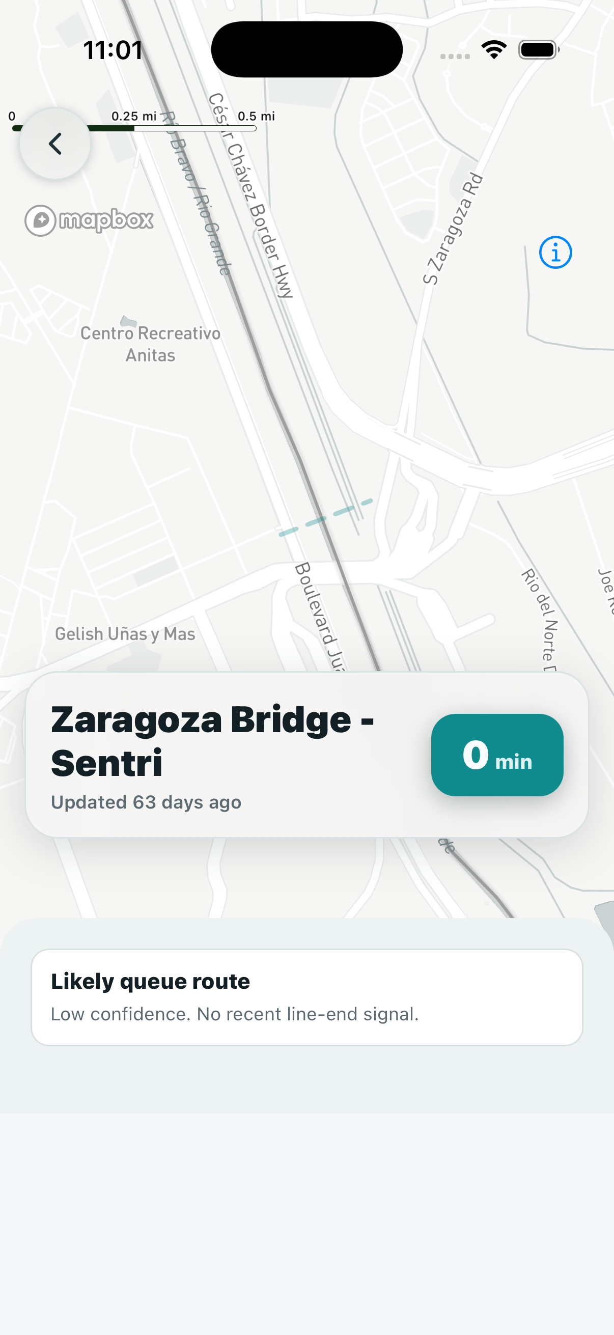 Cruzn iPhone map view with visible Mapbox source controls